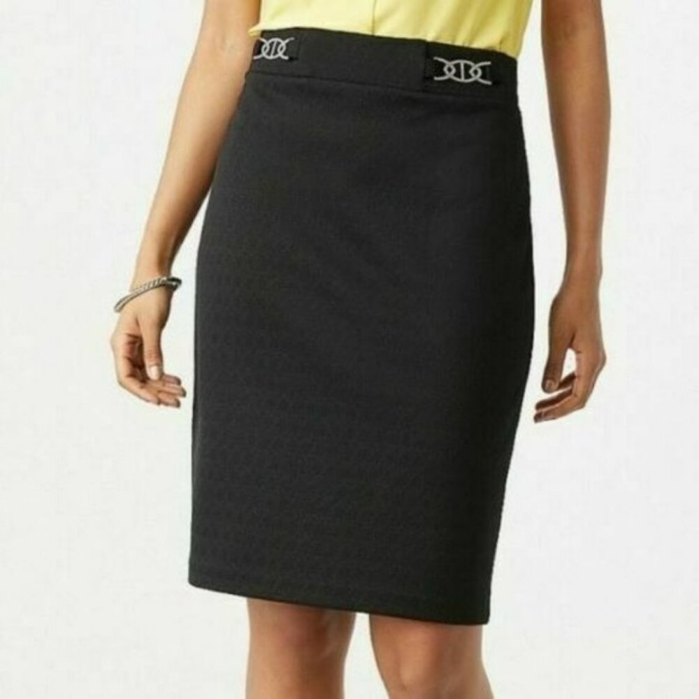 NWT Roz Ali Silver Buckle Black Jacquard Knit Pencil Straight Dress Skirt XL 14